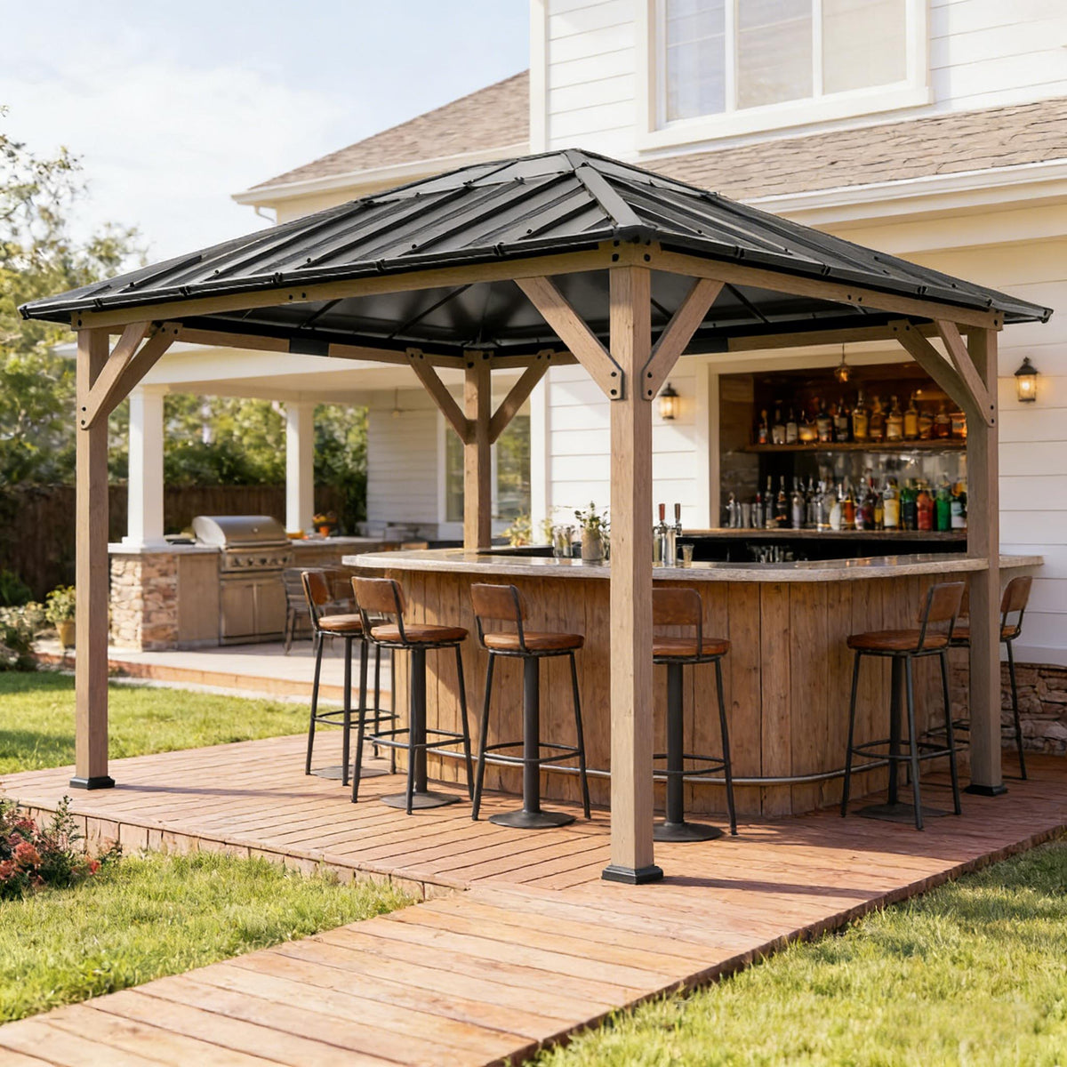 Spacious Outdoor Hardtop Gazebo with Durable Steel Roof - Natural Wood
