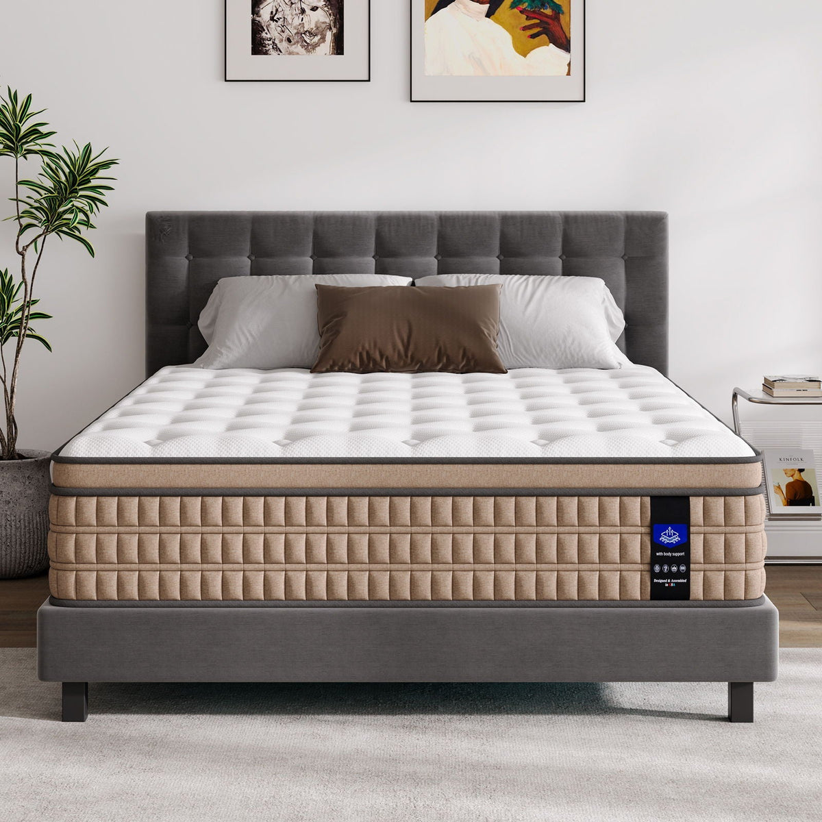 14" King Hybrid Mattress with Gel Memory Foam & Pocket Springs - Brown & White