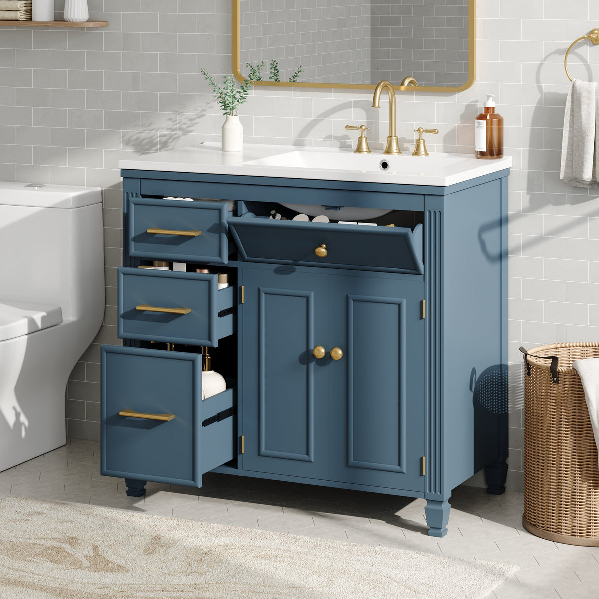 36" Bathroom Vanity with Ceramic Sink and Ample Storage - Blue Gray, Black, White