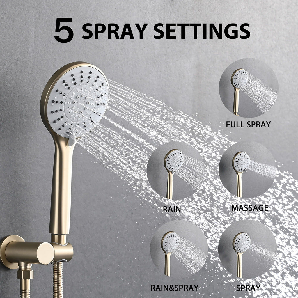 Wall Mounted Shower Set with High Pressure 10" Rain Head & 5-Function Handheld - Gold or Pearl Silver