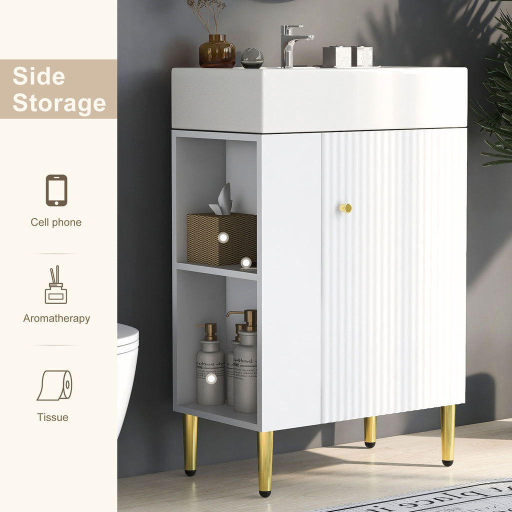 Bathroom Vanity with Single Ceramic Sink and Side Storage - Multiple Colors
