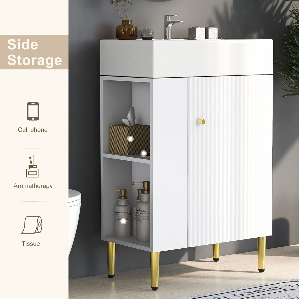 Bathroom Vanity with Single Ceramic Sink and Side Storage - Multiple Colors