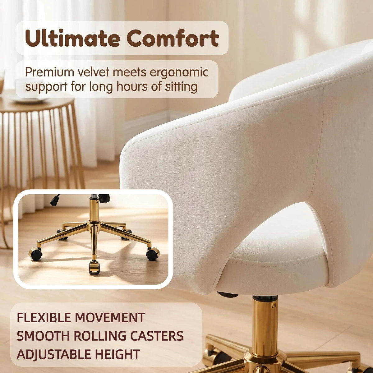 Adjustable White Office Chair with Ergonomic Support - Velvet Finish