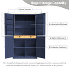 Large Freestanding Kitchen Pantry Storage Cabinet with Adjustable Shelves - Blue, Gray, White