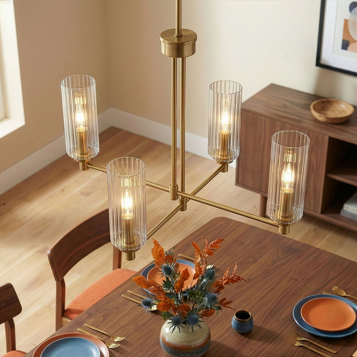 Enigma 4 Lights Chandelier With Clear Ribbed Satin - Antique Brass