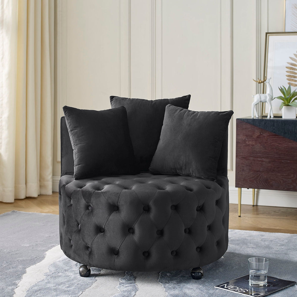 Modern Upholstered Swivel Chair with Button Tufted Design and Movable Wheels - Multiple Colors