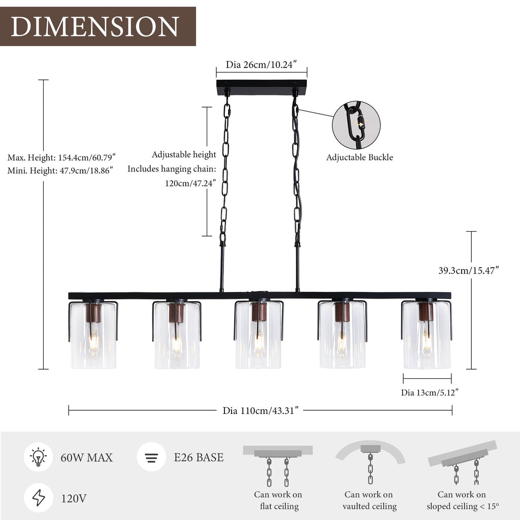 Adjustable Pendant Lighting with Clear Glass Shade - Black or Gold