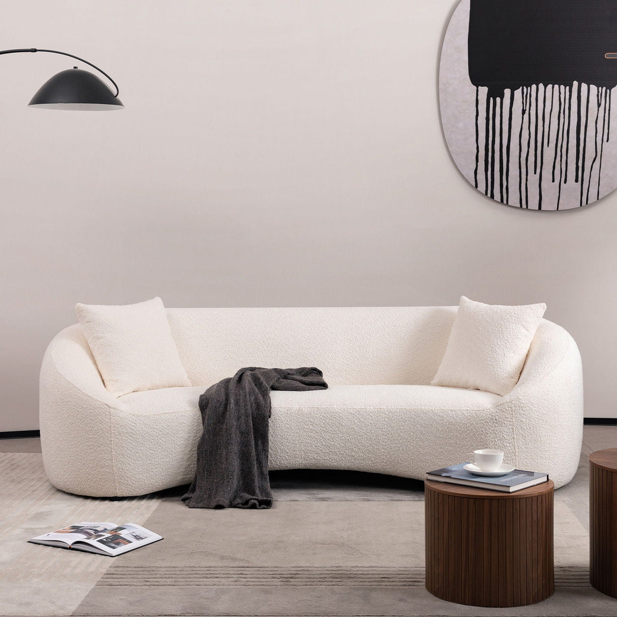 Curved 3 Seater Sofa for Living Room with Deep Seating - White