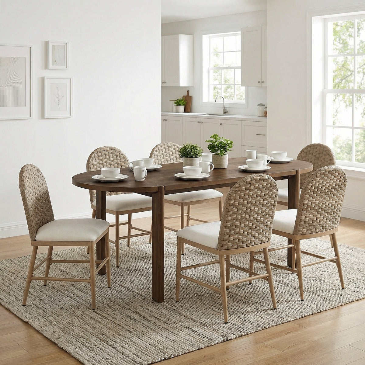 7-Piece Oval Rubberwood Dining Set with Upholstered Chairs