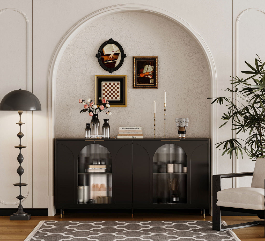 Lacquered Wooden Sideboard with 4 Glass Doors - Black