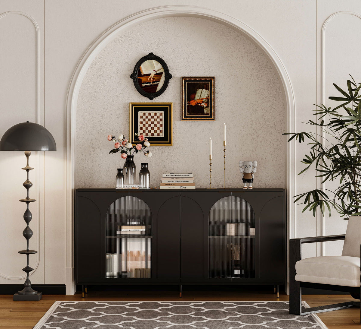 Lacquered Wooden Sideboard with 4 Glass Doors - Black