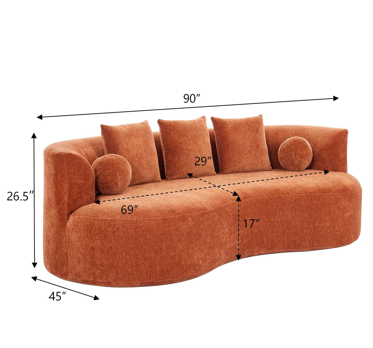 90-Inch Curved Modern Chenille Sofa with Artistic Curved Design - Orange or White
