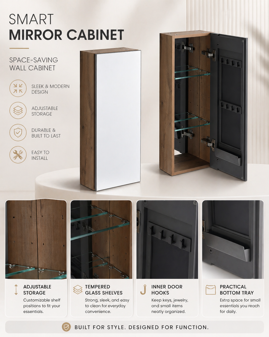 10'' Bathroom Mirror Cabinet with Adjustable Shelves - Imitative Oak