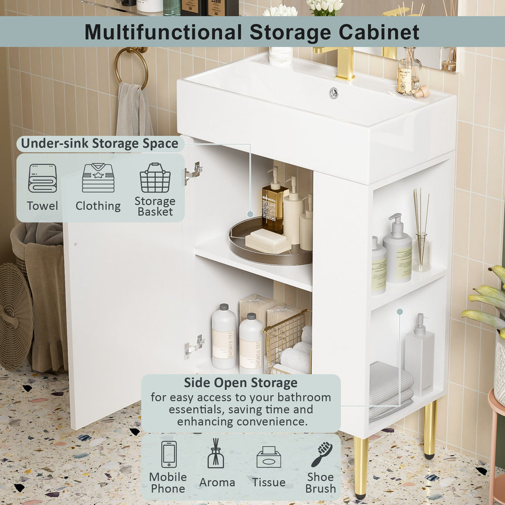 Bathroom Vanity with Single Ceramic Sink and Side Storage - Multiple Colors