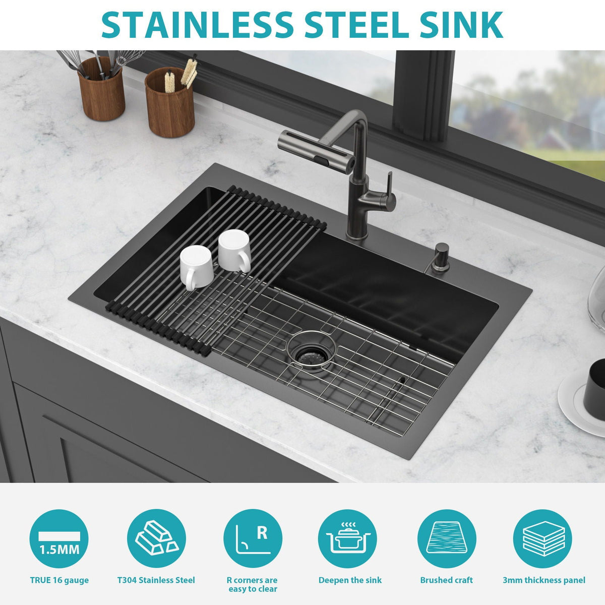 Stainless Steel Drop-In Kitchen Sink with Multi-Function Faucet - Black