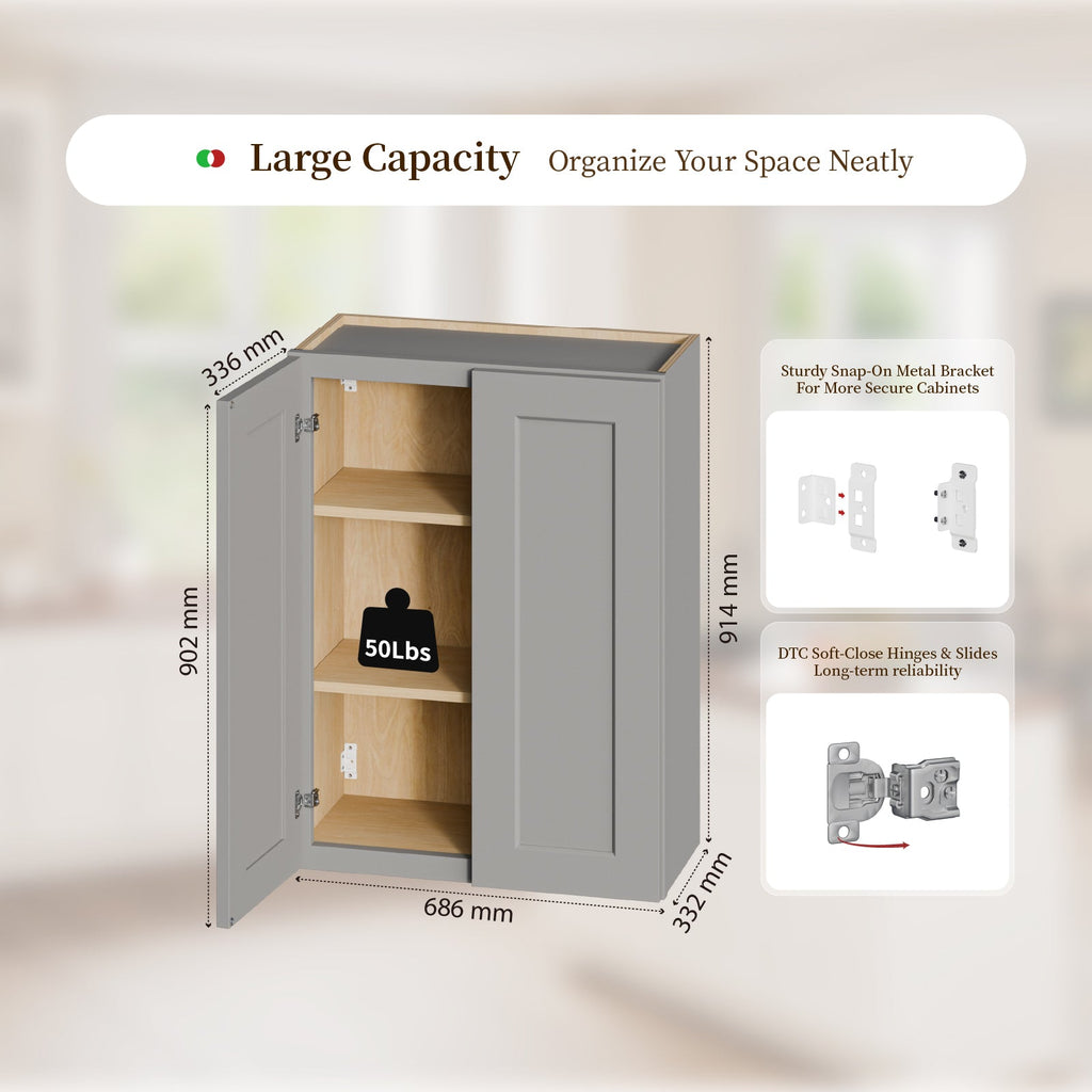 Gray Shaker Solid Wood Wall Cabinet with Soft-Close Doors - Gray