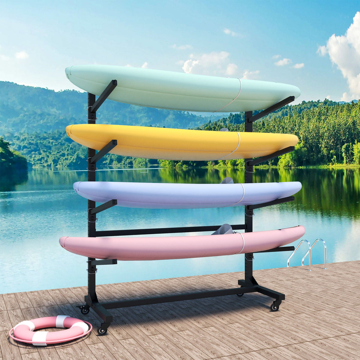 Freestanding Kayak Storage Rack with Lockable Wheels - Black