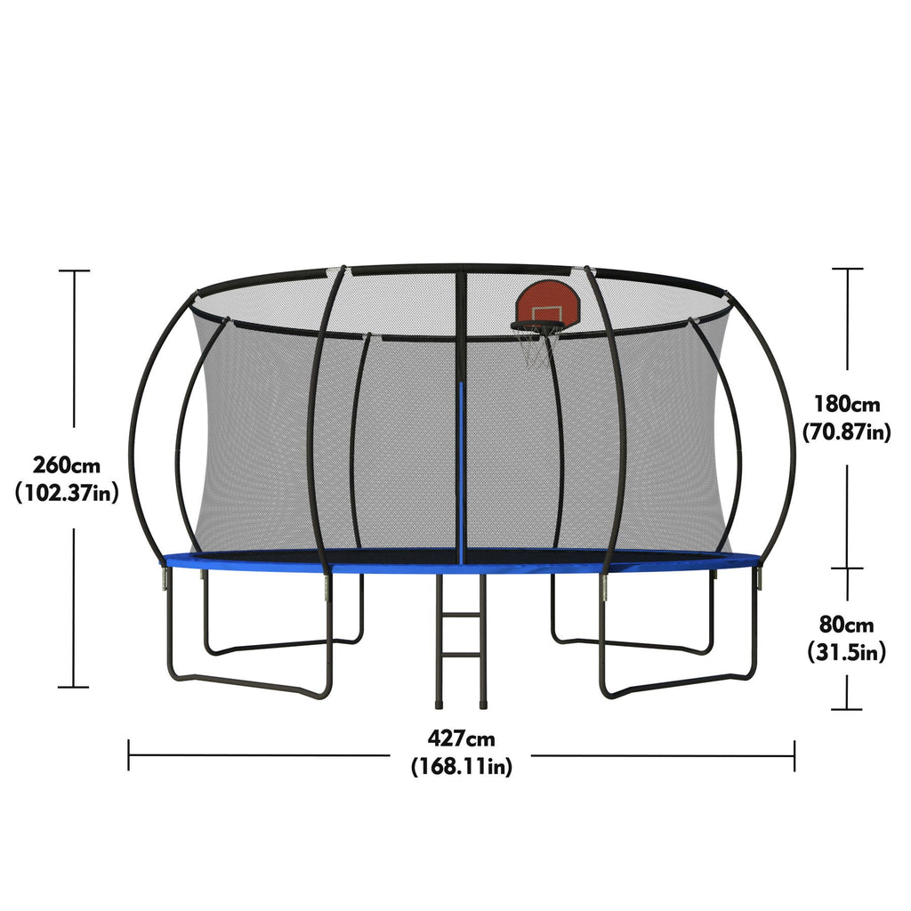 14 Ft Outdoor Trampoline with Basketball Hoop & Ladder - Black / Blue