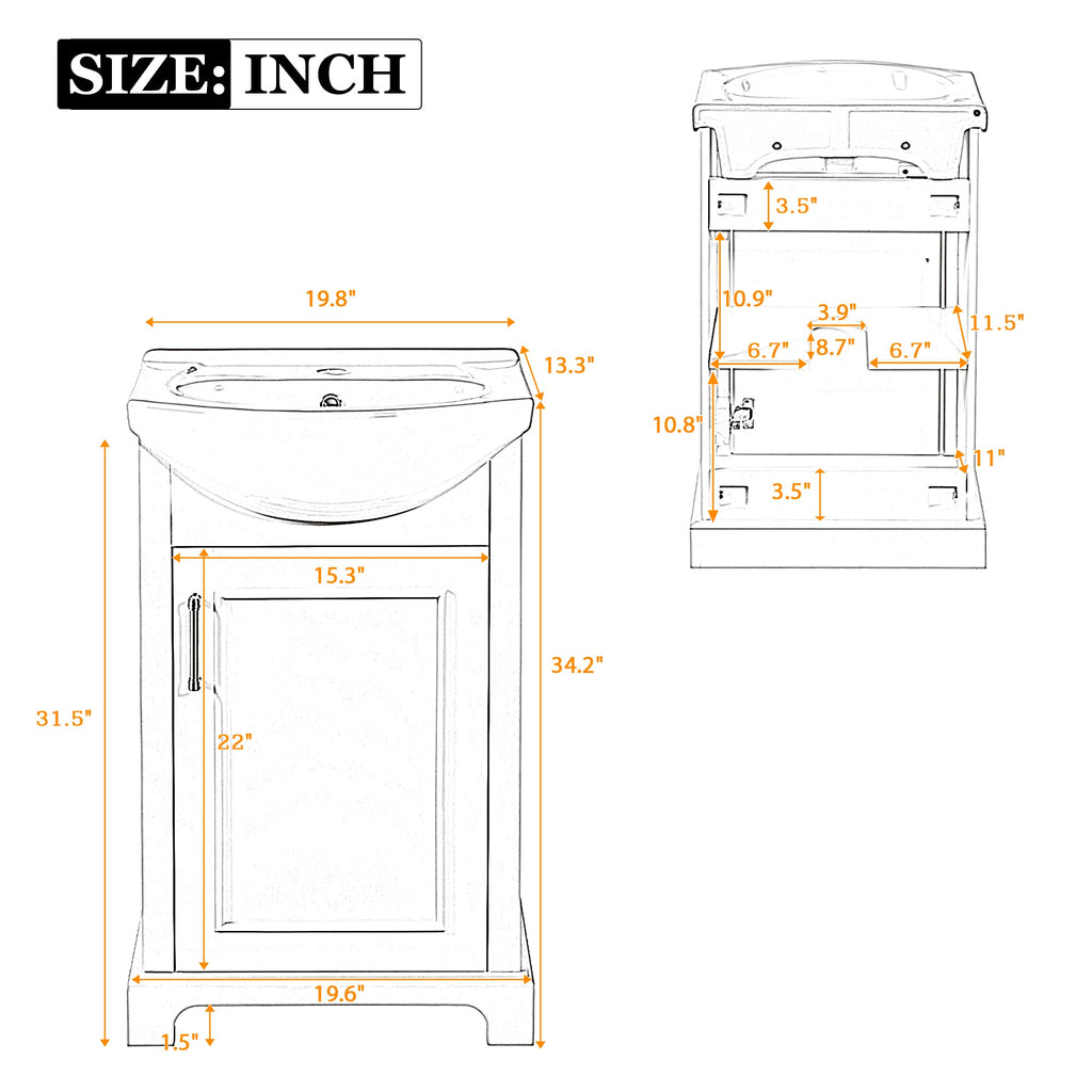 French Style 20-Inch Bathroom Vanity with Ceramic Sink - White