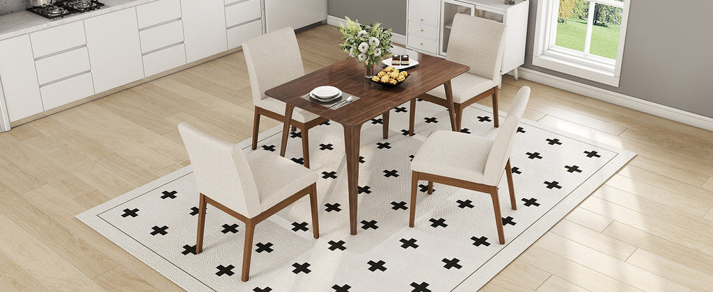 5-Piece Dining Table Set with Upholstered Chairs - Light Beige/Walnut
