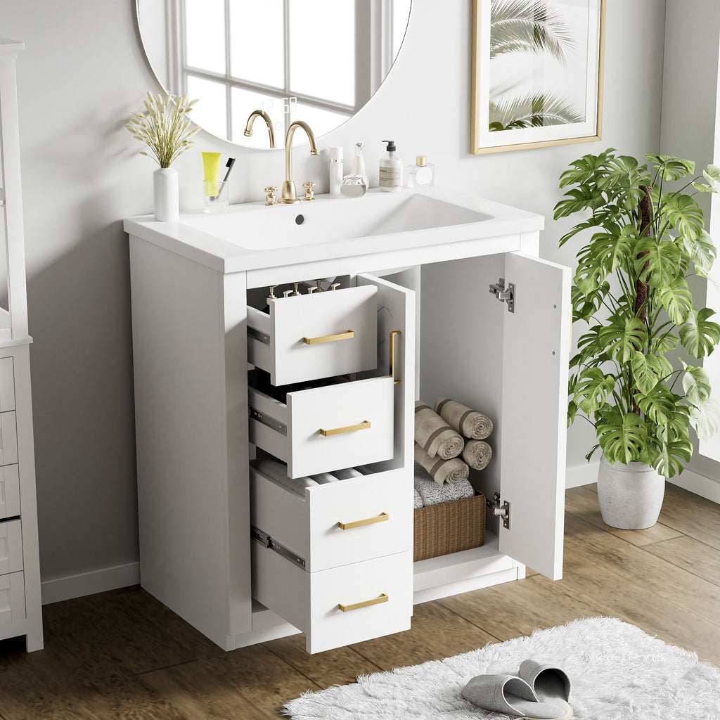 Ceramic Sink Vanity Combo with 3 Drawers and Soft Closing Doors - 30"