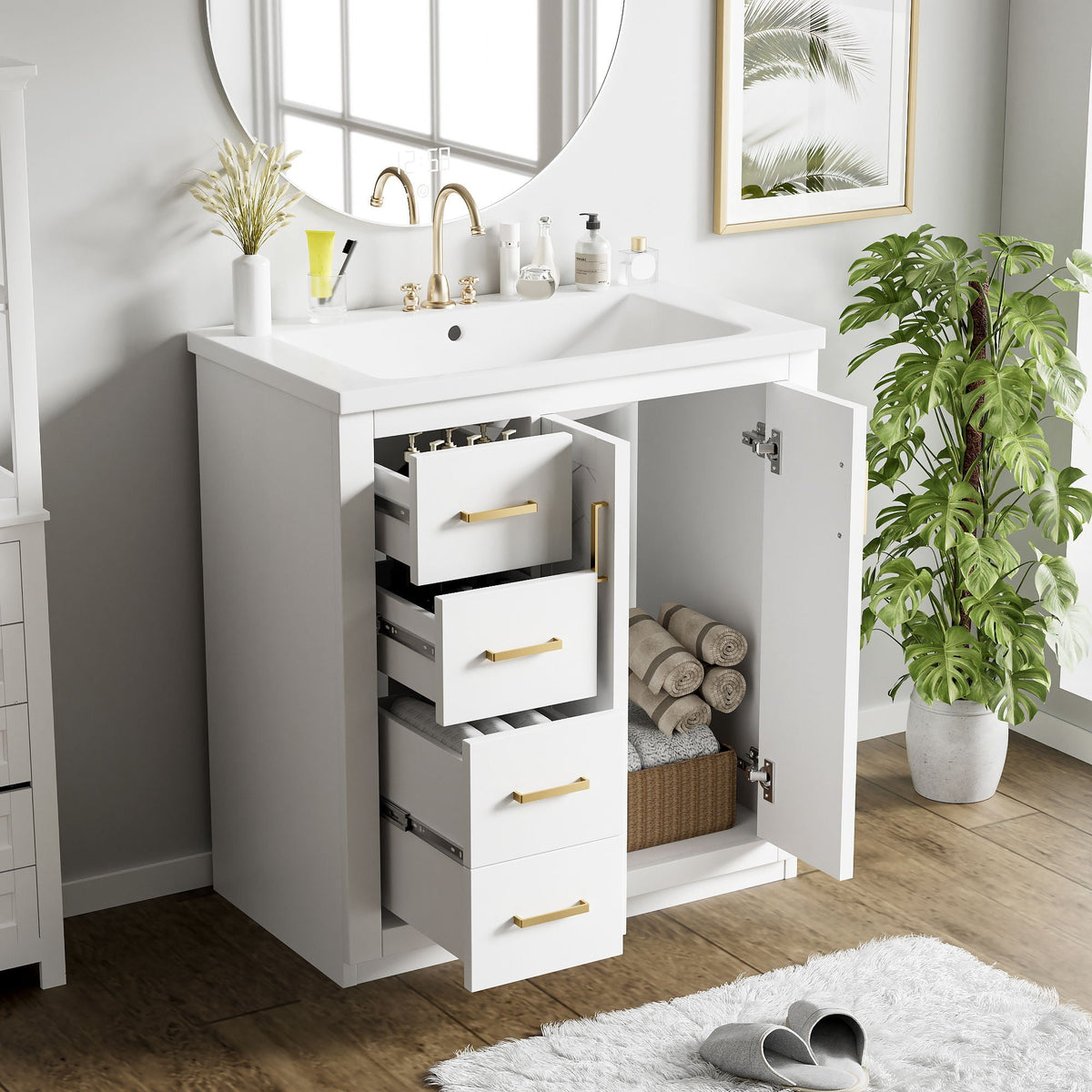 Ceramic Sink Vanity Combo with 3 Drawers and Soft Closing Doors - 30"