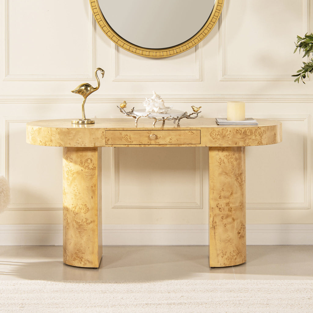 Oval Computer Desk with Single Drawer - Burl Wood Veneer, Light or Dark Brown