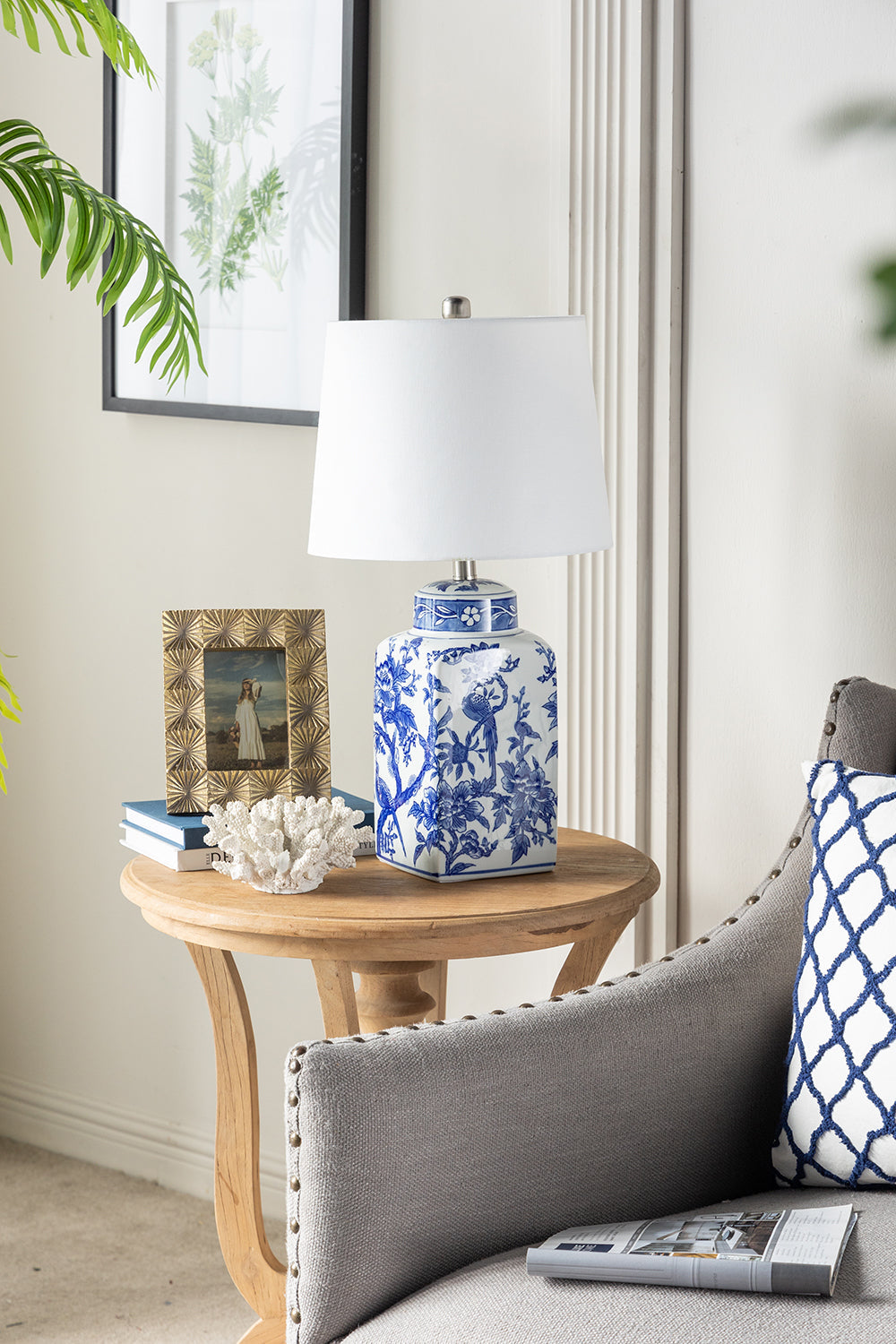 Blue and White Ceramic Vase Table Lamp with Linen Shade - White + Blue