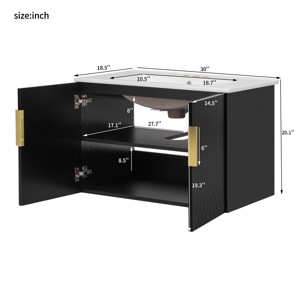 Modern Rectangular Bathroom Vanity With Sink and Soft-Close Storage - Black or White