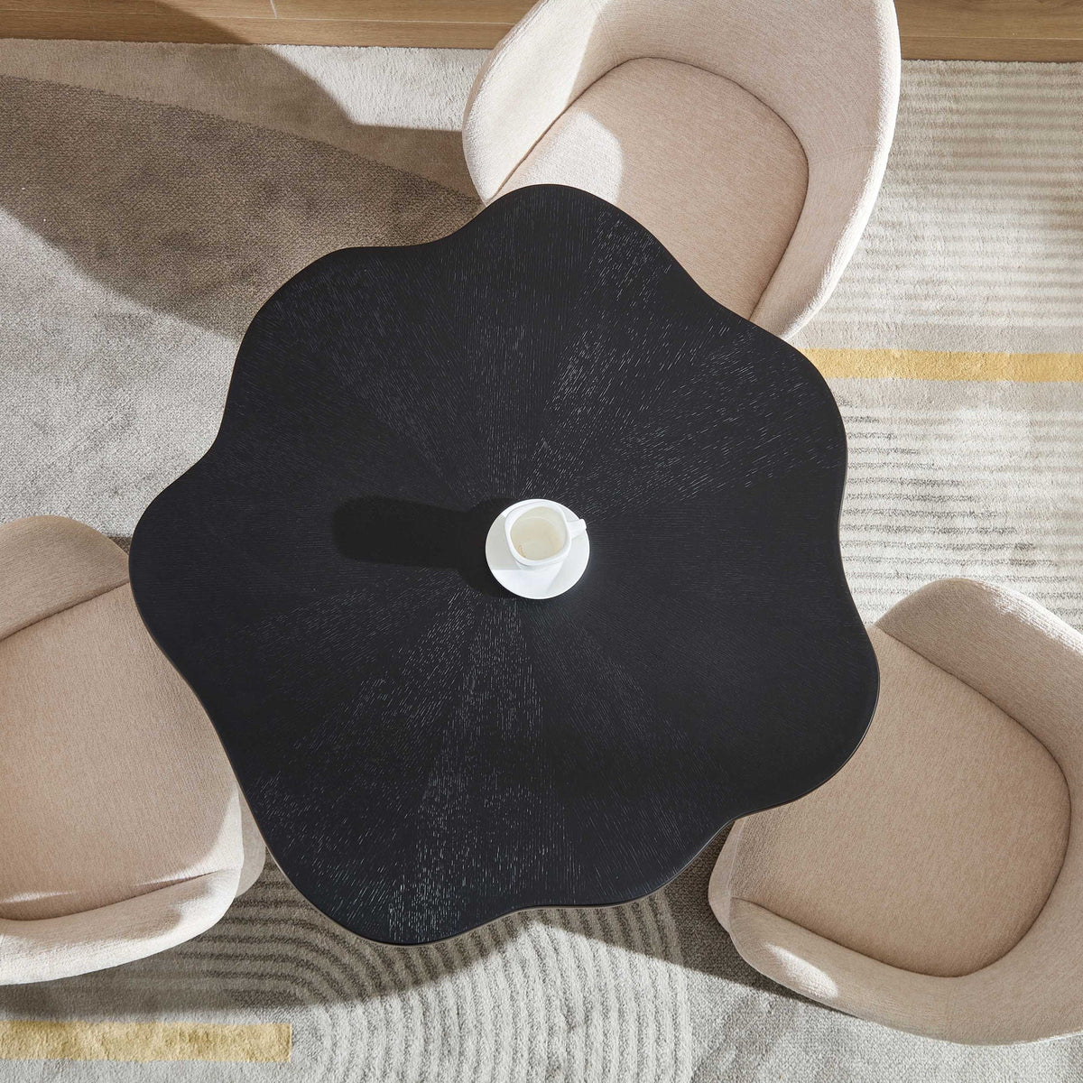 Sculptural Round Dining Table with Petal Shape and Root Texture Base - Black