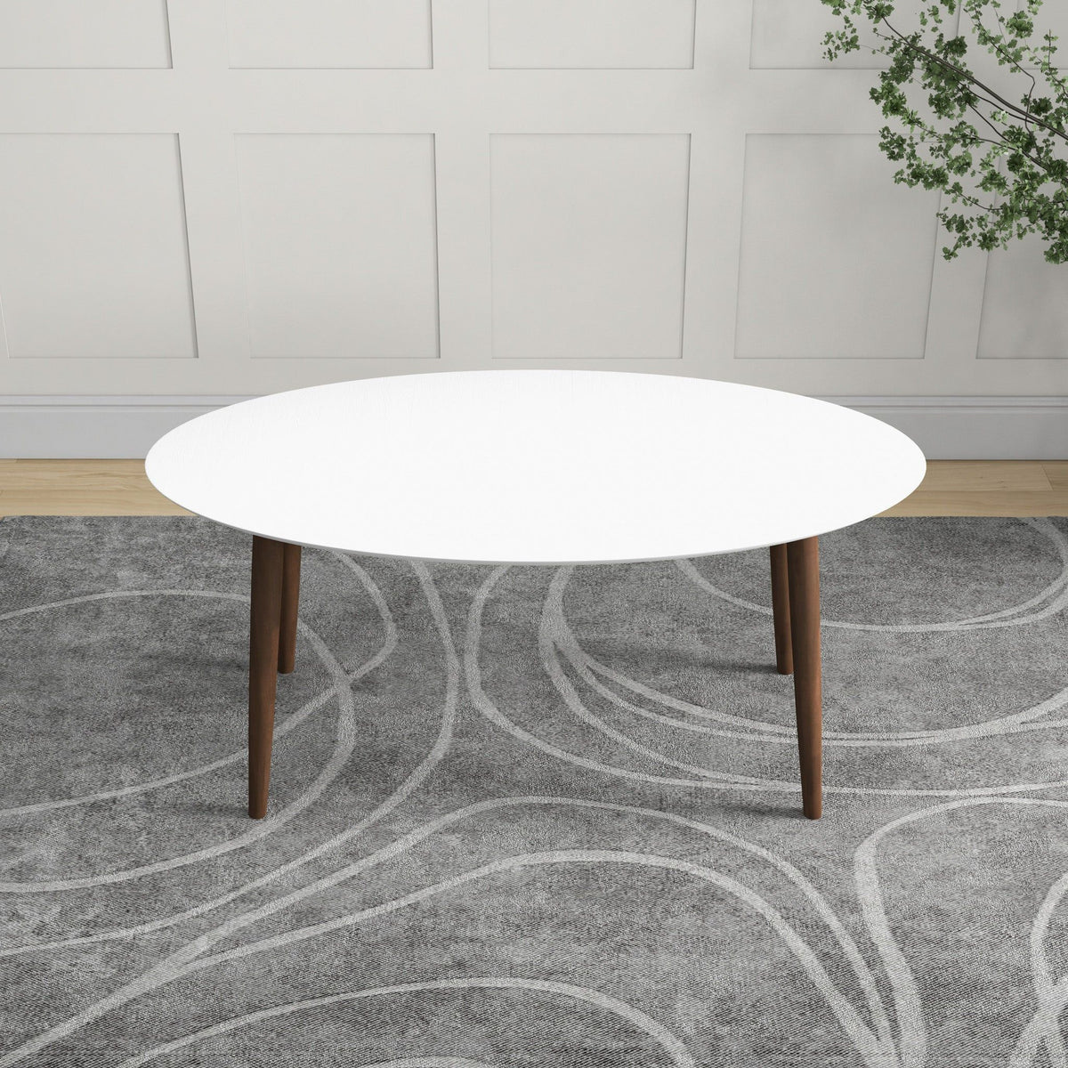 Mid-Century Modern Oval Dining Table with Solid Wood Construction - White