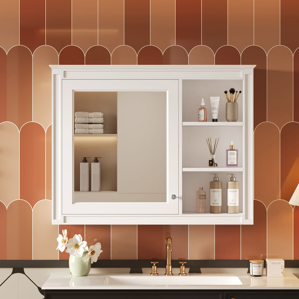 Wall Mounted Medicine Cabinet with Mirror and Adjustable Shelf - White