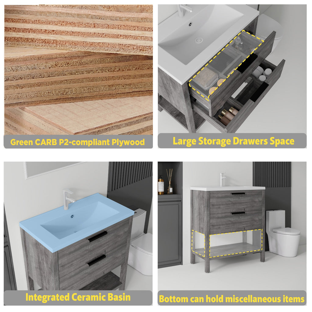 36 Inch Freestanding Bathroom Vanity with Ceramic Sink and Soft-Close Drawer - Grey
