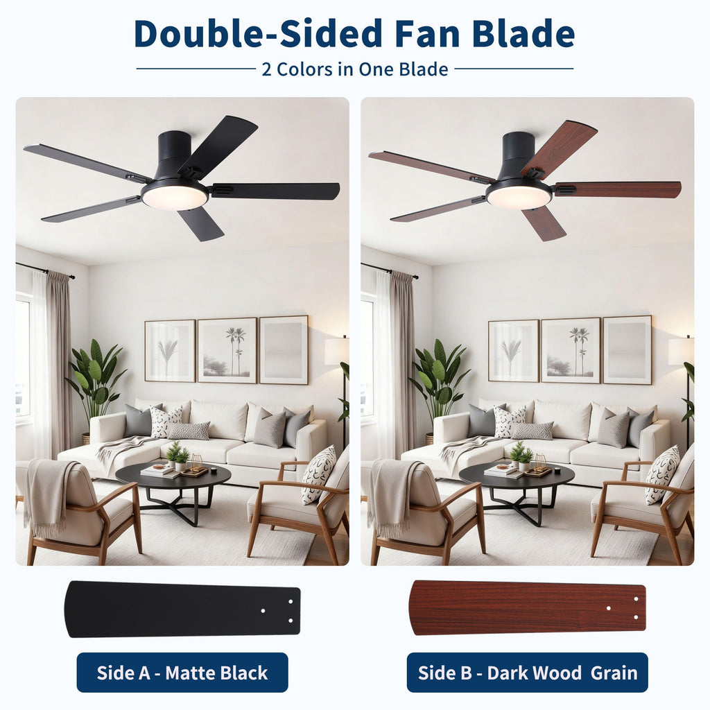 Flush Mount Ceiling Fan with LED Light and Remote Control - Black, White, Pearl Silver