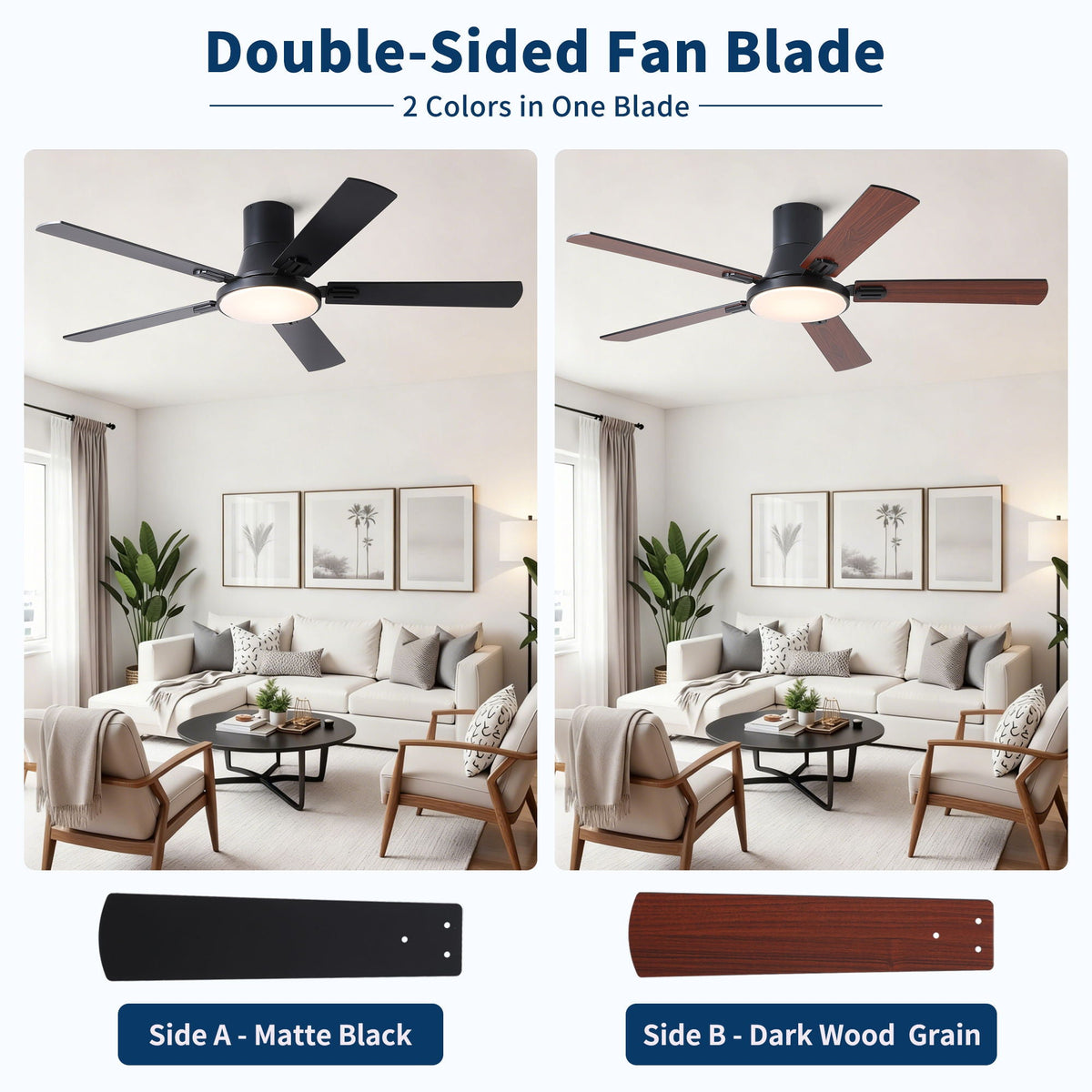 Flush Mount Ceiling Fan with LED Light and Remote Control - Black, White, Pearl Silver