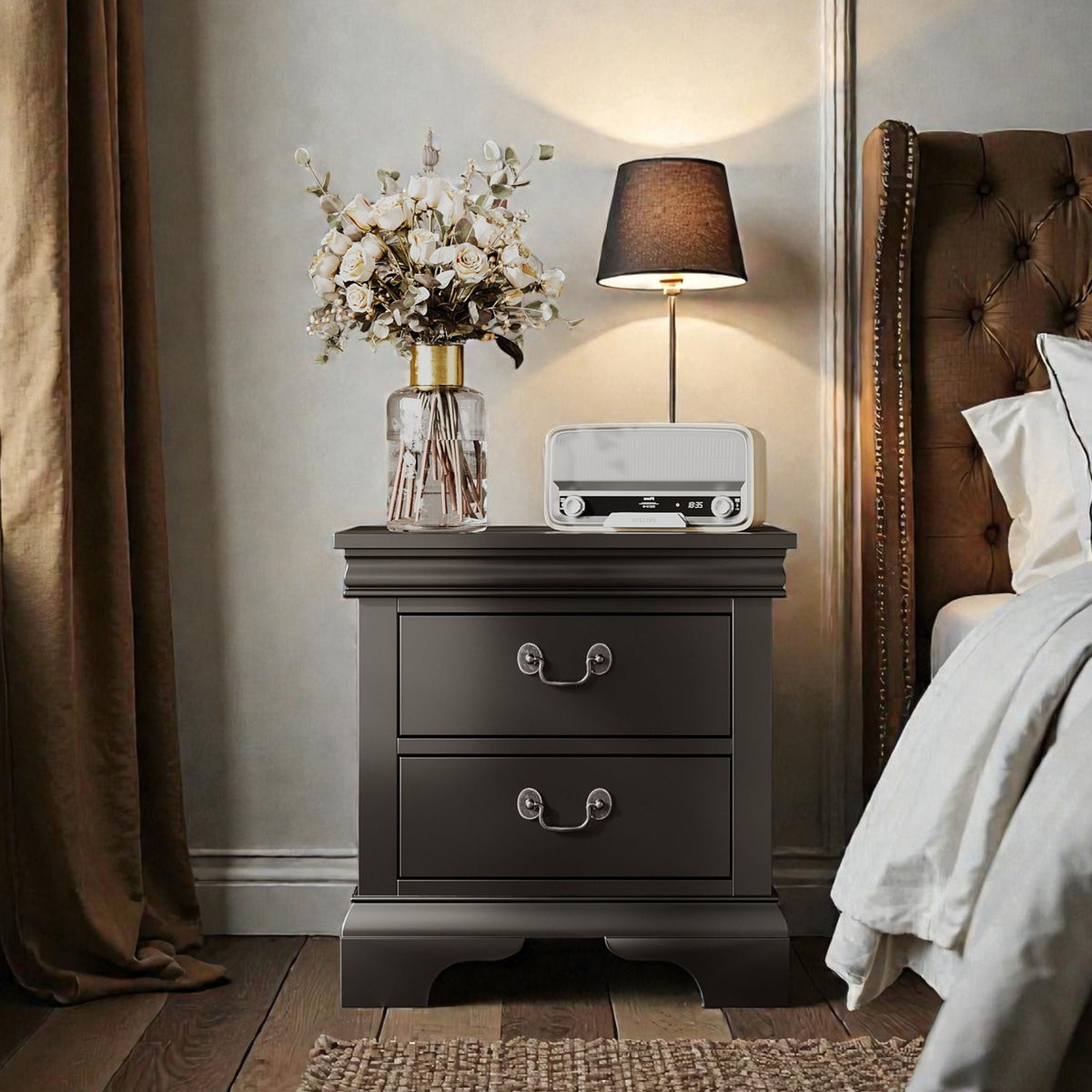 Wood Nightstand with 2 Drawers - Traditional Accent Table - White, Black, or Dark Brown