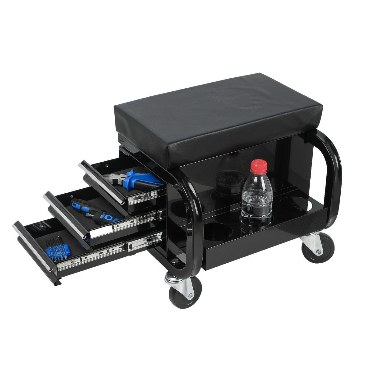 Rolling Creeper Garage Seat with 3 Built-In Drawers - Black