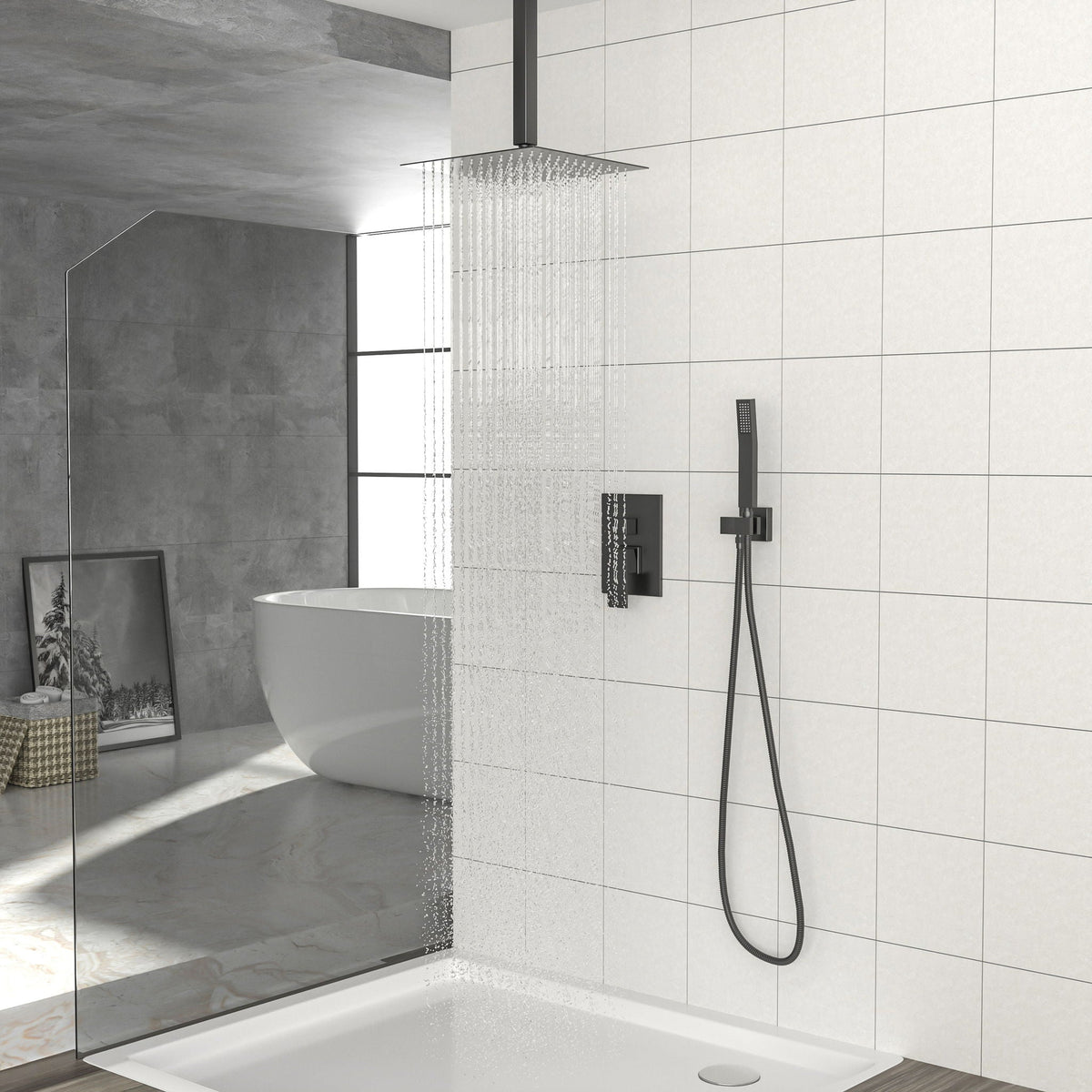 Dual Shower Head 10" Ceiling Mount Shower System with Rough In Valve - Matte Black