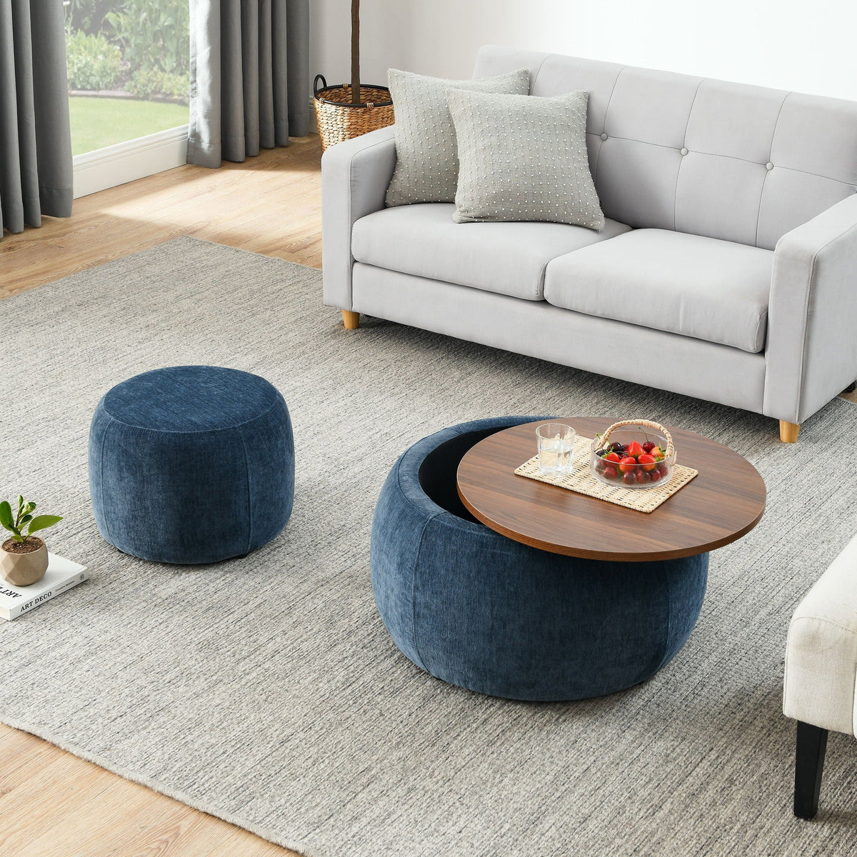 Round Storage Ottoman with 2 in 1 Function - Multiple Colors