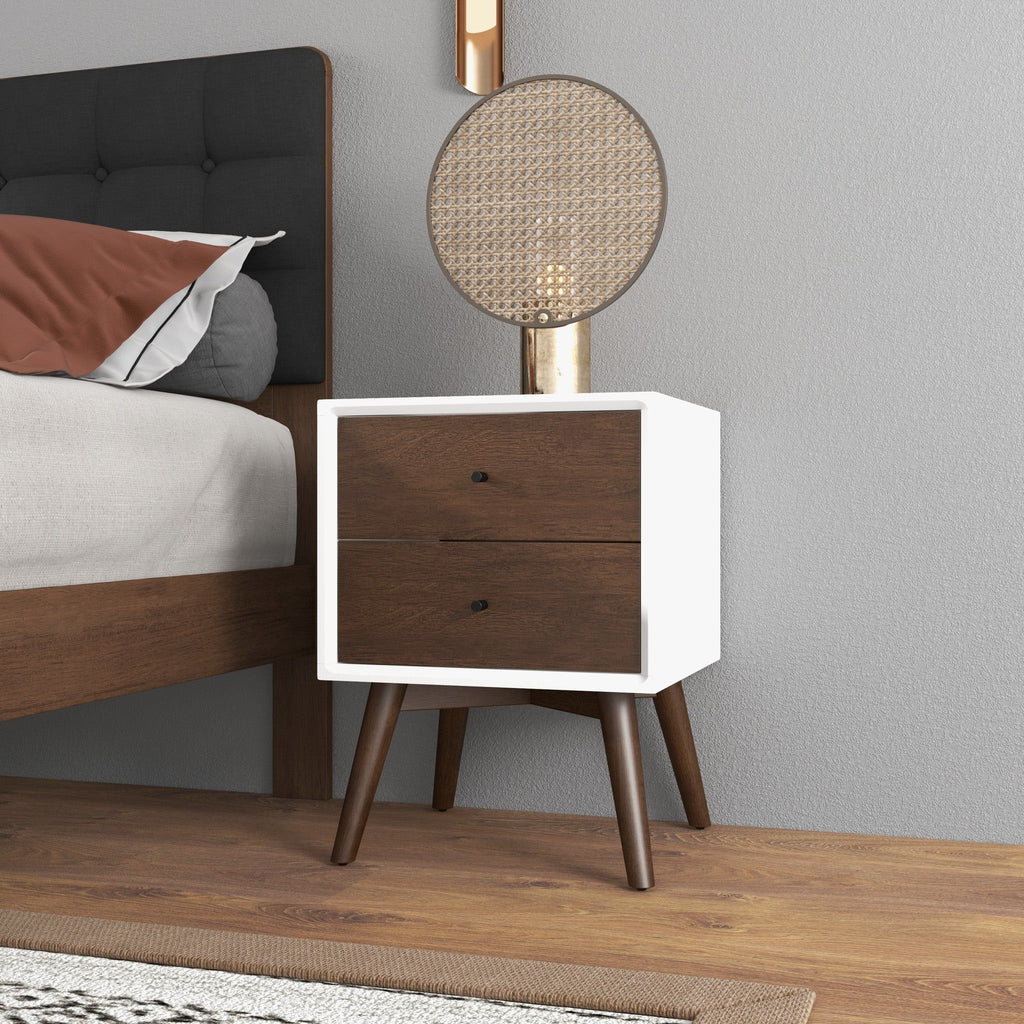 Mid-Century Modern Night Stand with 2 Drawers - Dark Brown or White