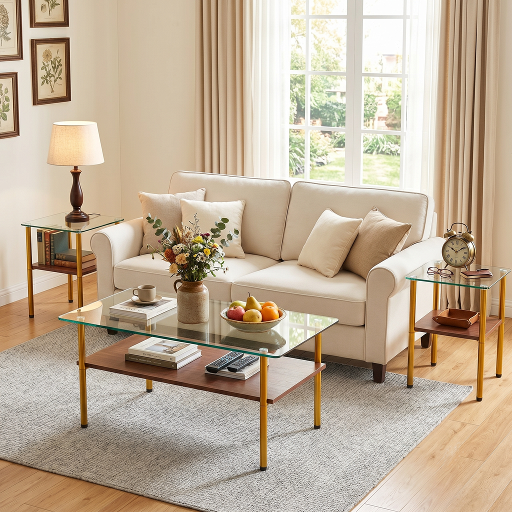 Modern Glass Coffee Table and End Tables Set of 3 with Golden Metal Legs