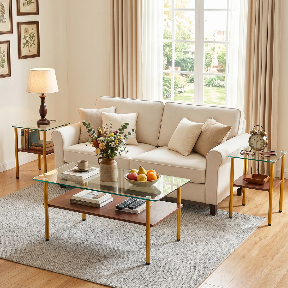 Modern Glass Coffee Table and End Tables Set of 3 with Golden Metal Legs