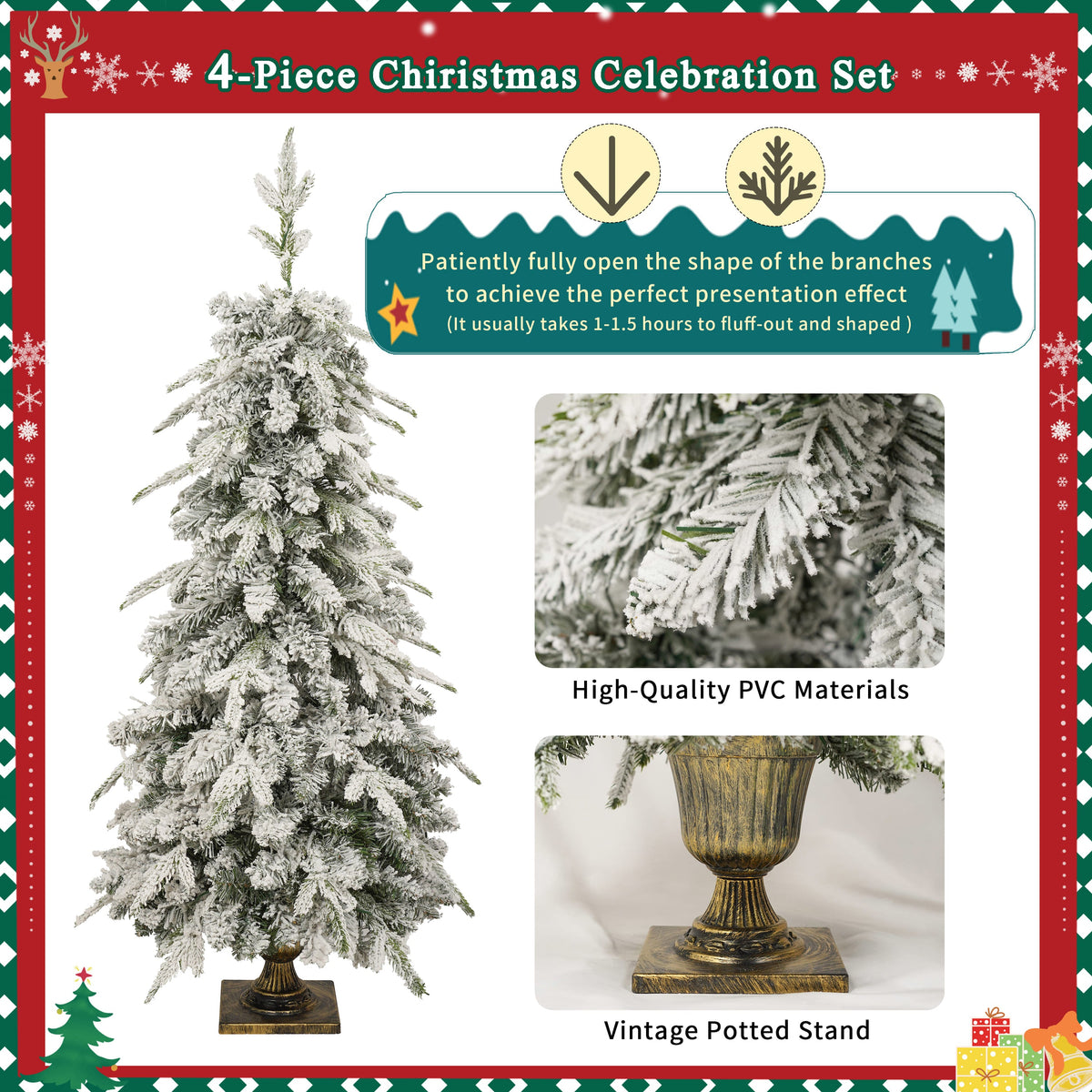 Pre-Lit Artificial Christmas Tree Set with LED Lights - 4-Piece PVC