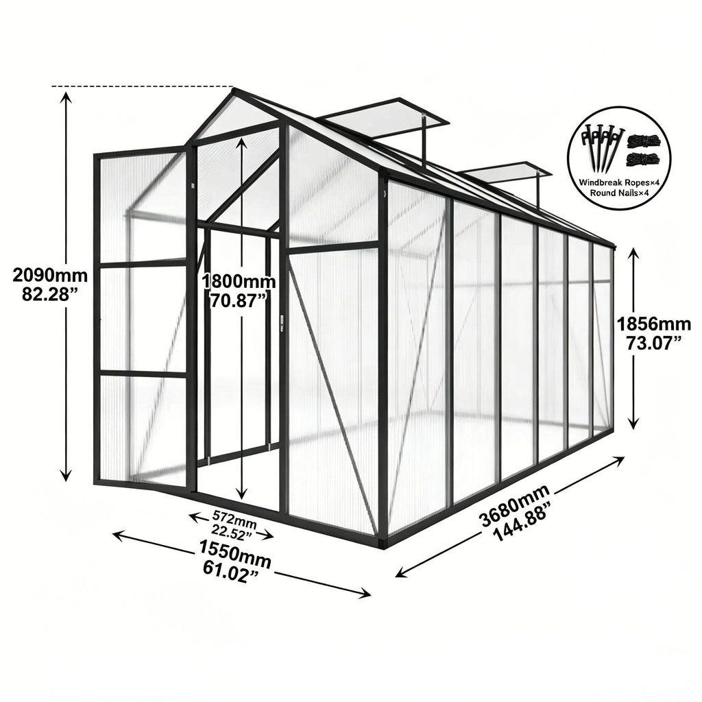 Windproof Greenhouse with Raised Base - Polycarbonate Panels - Black