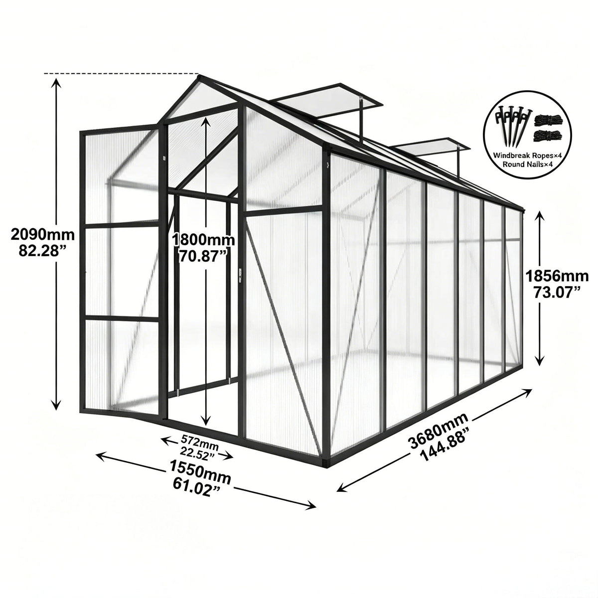 Windproof Greenhouse with Raised Base - Polycarbonate Panels - Black