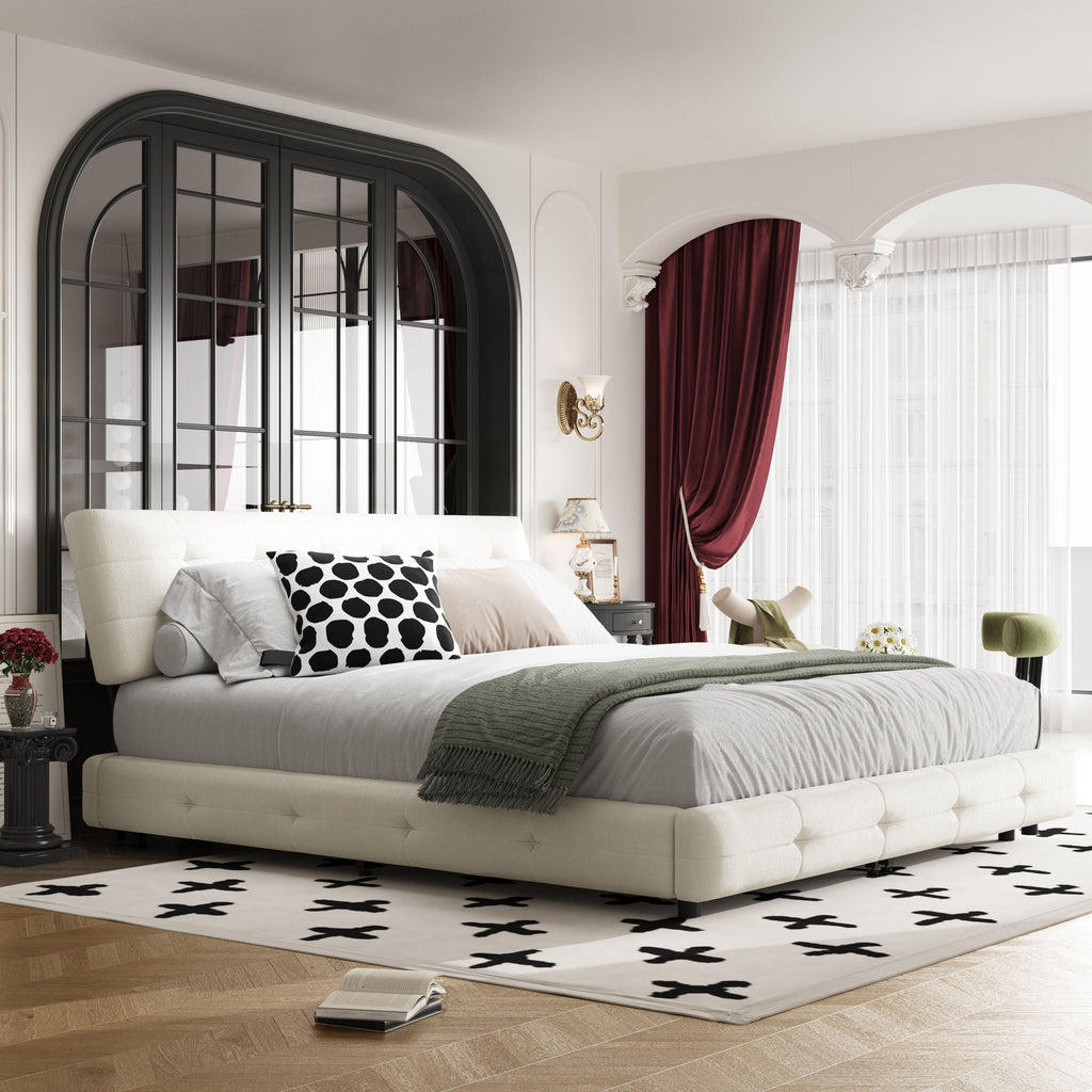 Tufted Headboard Upholstered Bed with Ultra-Soft Cloud Pillow Design - White or Black
