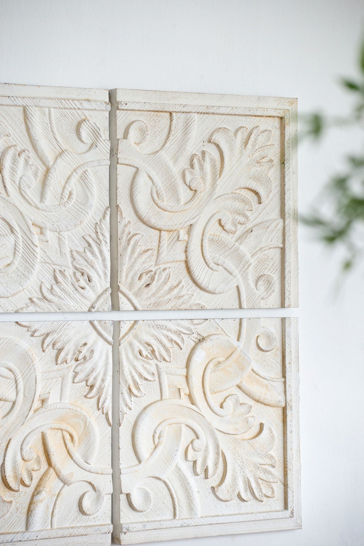 Distressed Wooden Square Wall Panels with Intricate Medallion Design - White