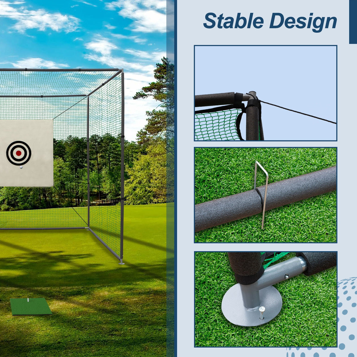 Golf Practice Net Cage with Metal Frame Hitting Net Kit - Black