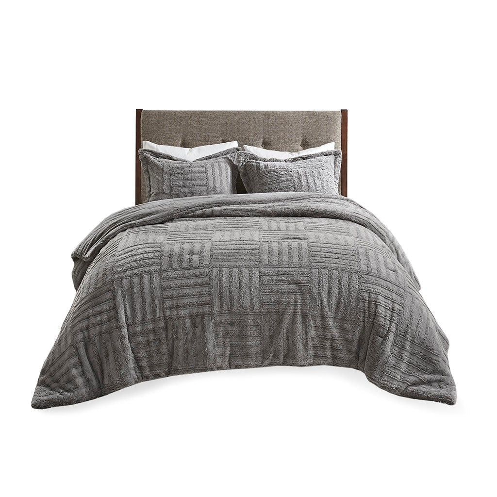 Grey Fur Down Alternative Comforter Mini Set with Checkerboard Texture - Grey