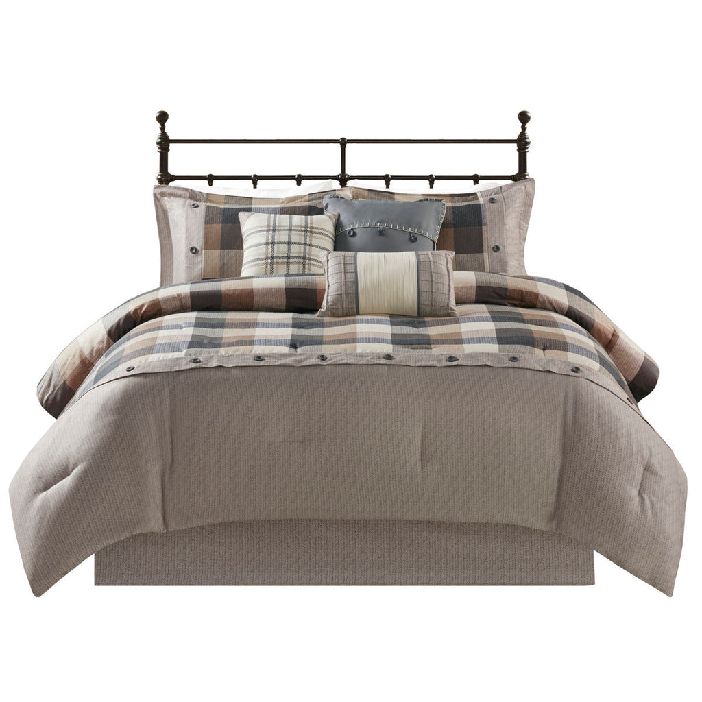 Herringbone Comforter Set with Buffalo Plaid - King, Neutral, 7 Piece